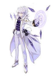 1boy absurdres add_(elsword) belt belt_buckle black_sleeve_cuffs buckle buttons casting_spell coat collared_coat collared_shirt collared_vest crystal double-breasted dress_pants dress_shoes elsword floating_clothes full_body game_cg gloves glowing glowing_eye grey_hair grey_pants grin hand_in_pocket highres hood hood_down hooded_coat hwansang lapels long_hair long_sleeves looking_at_viewer magic magic_circle male_focus necktie notched_lapels official_art open_belt open_clothes open_coat pants pink_eyes ponytail power_symbol purple_necktie purple_vest scar scar_on_face second-party_source shirt shoes sidelocks smile solo standing swept_bangs tachi-e transparent_background vest white_belt white_coat white_gloves white_shirt white_shoes wide-eyed