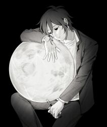 1boy 97ttwwaazz absurdres black_background black_eyes black_hair boxcutter commentary english_commentary gakuran greyscale highres holding holding_boxcutter invisible_chair jacket male_focus monochrome moon open_clothes open_jacket randal&#039;s_friends school_uniform short_hair simple_background sitting solo tsukada_satoru