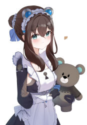 1girl absurdres animal_ears apron bear_ears bear_girl blue_eyes blush brown_hair dot_nose frilled_apron frills hair_ornament heart highres keyhole knosdeba maid strinova stuffed_animal stuffed_toy teddy_bear yvette_(strinova)