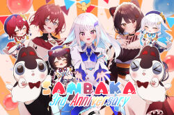 &gt;_&lt; 3girls ^_^ ange_katrina ange_katrina_(1st_costume) animal animal_ears anniversary apron armband balloon banken_(inui_toko) beret bird black_coat black_collar black_sash blue_armband blue_eyes blue_gloves blue_hair blue_hat blue_neckerchief blue_ribbon blue_shorts blue_skirt blue_socks blue_thighhighs blunt_bangs blush boots bow bowtie braid brown_hair brown_kimono brown_tail bunting buttons cardigan chibi closed_eyes closed_mouth coat collar collared_shrug colored_inner_hair commentary_request confetti crossed_bangs crown_hat_ornament dog_ears dog_girl dog_tail double-breasted dress fangs floating_hair flower frilled_skirt frilled_sleeves frills full_body gloves group_name group_picture hair_between_eyes hair_flower hair_intakes hair_ornament hair_ribbon hairclip hand_on_own_chest hand_on_own_hip hand_up hands_up hat heterochromia high-waist_skirt inui_toko inui_toko_(1st_costume) jacket japanese_clothes kimono layered_skirt leg_ribbon legwear_garter lize_helesta lize_helesta_(1st_costume) long_hair long_skirt long_sleeves looking_at_viewer low_twin_braids low_twintails maid_headdress medium_hair miniskirt monocle multicolored_hair multiple_girls neck_ribbon neckerchief nijisanji obi obiage obijime off_shoulder open_mouth orange_background outline pleated_skirt purple_eyes purple_ribbon reaching reaching_towards_viewer red_bow red_bowtie red_cardigan red_eyes red_hair red_ribbon red_skirt ribbon sanbaka_(nijisanji) sanbaka_anniversary_outfit sash sebastian_piyodore shigure_(sigre) shirt short_dress short_hair short_sleeves shorts shrug_(clothing) sidelocks single_hair_intake single_sidelock single_wrist_cuff skirt skirt_hold sleeves_past_wrists smile socks streaked_hair striped_background tail teeth thighhighs triangle_hair_ornament twin_braids twintails two-tone_hair upper_teeth_only very_long_hair virtual_youtuber waist_apron white_apron white_boots white_dress white_hair white_headdress white_jacket white_outline white_shirt white_shrug white_skirt white_wrist_cuffs wrist_cuffs wrist_ribbon yellow_bird yellow_eyes zettai_ryouiki