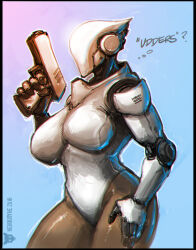 1girl artist_logo artist_name bloom blue_background breasts curvy cyborg dark-skinned_female dark_skin dated english_text faceless faceless_female gradient_background gun handgun haydee_(game) haydee_(haydee) holding holding_gun holding_weapon joints large_breasts leotard light logo mechabare mechanical_arms mechanical_head neurodyne outline pink_background robot_joints sidelighting speech_bubble thought_bubble upper_body weapon white_leotard white_outline