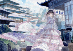 1girl architecture blue_eyes bow bridge brown_hair building bush cloud cloudy_sky corset day dress east_asian_architecture floral_print frilled_dress frilled_kimono frilled_sleeves frilled_veil frills highres japanese_clothes kimono kimono_dress kyuui long_hair long_sleeves looking_at_viewer original outdoors painting_(medium) pink_bow pointy_ears print_dress print_kimono puffy_sleeves scenery sky solo storage_pot traditional_media vase veil watercolor_(medium) white_dress white_kimono