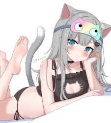 1girl :3 animal_ears barefoot blue_eyes blush breasts cat_ears cat_tail cleavage cleavage_cutout clothing_cutout feet grey_hair gugu0v0 highres indie_virtual_youtuber long_hair looking_at_viewer lying nachoneko on_stomach soles tail the_pose toes