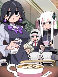 Rule 34 | 3girls, :o, absurdres, anna nishikinomiya, apron, artist name, black apron, black hair, black hairband, bongfill, bottle, cafe, coffee, commentary, crossover, cup, drooling, echidna (re:zero), gen 7 pokemon, grey hair, hair ornament, hairband, hex maniac (pokemon), hex maniac (pokemon legends: z-a), highres, indoors, lipstick, long hair, looking at viewer, makeup, milk, milk bottle, mimikyu, multiple girls, necktie, nintendo, pokemon, pokemon legends: z-a, pov, purple lips, re:zero kara hajimeru isekai seikatsu, red necktie, shimoneta to iu gainen ga sonzai shinai taikutsu na sekai, short hair, symbol-only commentary, table, trait connection, white hair