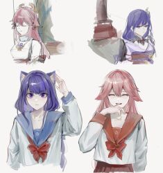 Rule 34 | 2girls, alternate costume, animal ear fluff, animal ears, arm up, bare shoulders, blue sailor collar, blunt bangs, brown background, cat ears, cat girl, closed eyes, closed mouth, collarbone, couple, fox ears, fox girl, genshin impact, hair between eyes, hair ornament, hand up, headpiece, highres, japanese clothes, jewelry, kimono, kis7908992, laughing, long sleeves, looking at viewer, looking to the side, multiple girls, neck ribbon, open mouth, pendant, pink hair, purple eyes, purple hair, purple kimono, raiden shogun, red ribbon, red sash, ribbon, sailor collar, sash, school uniform, sketch, skirt, sleeveless, upper body, yae miko, yuri