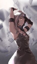 1girl absurdres arm_strap armpits arms_up black_arm_warmers black_choker black_hair breasts choker cleavage commentary dress english_commentary grey_dress grey_hair highres hololive hololive_english kurochanai large_breasts long_hair multicolored_hair parted_lips ribbon shiori_novella shiori_novella_(1st_costume) solo split-color_hair striped_arm_warmers two-tone_hair virtual_youtuber white_hair white_ribbon