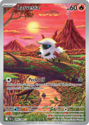 artist_name blue_eyes card_(medium) character_name cloud company_name copyright_name copyright_notice english_text flower full_body gen_5_pokemon grass katsunori_s larvesta leaf nintendo no_humans official_art orange_flower outdoors pokemon pokemon_(creature) pokemon_card pokemon_focus pokemon_tcg river rock sky smoke solo sun third-party_source trading_card tree volcano water