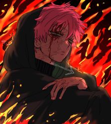 1girl alien_stage arrow_(symbol) blood blood_on_face fire highres hood mizi_(alien_stage) pink_hair scar short_hair wawa22233