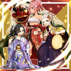 3girls absurdres akamine_yuuna black_hair breasts chest_sarashi cleavage drum eda_udon floral_print floral_print_kimono flower full_body grey_hair hair_between_eyes hair_flower hair_ornament hair_ribbon hakama hand_on_own_hip highres instrument japanese_clothes kimono kiryuu_shizuka kneeling long_sleeves medium_breasts miroku_renge multiple_girls music obi open_clothes open_kimono pink_flower pink_hair playing_instrument print_kimono purple_hakama purple_kimono red_eyes red_kimono red_ribbon ribbon sarashi sash socks standing tabi white_flower white_socks wide_sleeves yellow_kimono yuuki_yuuna_wa_yuusha_de_aru yuusha_de_aru