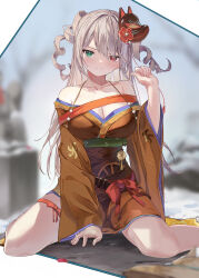 absurdres bell breasts cleavage commission facing_viewer fox_mask girls&#039;_frontline green_eyes hair_ornament hetero highres japanese_clothes kimono kuki1628 large_breasts looking_at_viewer mask red_eyes shotgun_shell sitting skeb_commission ssg3000_(girls&#039;_frontline) thigh_strap thighs two_side_up wariza