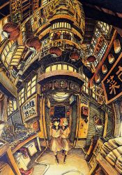 Rule 34 | 2girls, absurdly detailed composition, absurdres, building, complex exterior, highres, ibsukionsen, landscape, lantern, multiple girls, original, paper lantern, scenery, school uniform, sign, sliding doors, window, yellow background