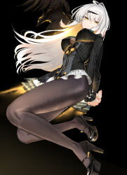 1girl ahoge arms_behind_back black_background bodystocking breasts commentary glowing glowing_hair gradient_background hair_between_eyes hair_ornament haoma high_heels highres large_breasts legs long_hair looking_at_viewer pantyhose parted_lips solo white_hair yellow_eyes yixuan_(trails_of_ink)_(zenless_zone_zero) yixuan_(zenless_zone_zero) zenless_zone_zero