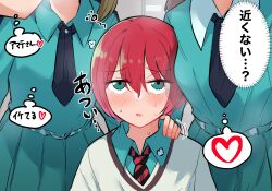 4girls amate_yuzuriha aqua_eyes aqua_shirt aqua_skirt blush breasts collared_shirt commentary_request gundam gundam_gquuuuuux heart highres holding long_hair long_sleeves looking_at_viewer multiple_girls na_bia necktie open_mouth red_hair school_uniform shirt short_hair skirt speech_bubble spoken_heart sweater thought_bubble translated yuri