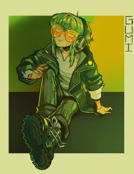 1girl :p badge bandaid bandaid_on_cheek bandaid_on_face black_boots black_pants boots bracelet button_badge character_name eerieelixir eyelashes green_eyes green_hair gumi headphones highres jacket jewelry leather leather_jacket looking_at_viewer orange_nails pants shirt short_hair sitting sleeves_rolled_up smile socks solo tinted_eyewear tongue tongue_out v-neck vocaloid white_shirt white_socks white_wrist_cuffs wrist_cuffs yellow-tinted_eyewear