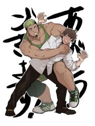 2boys bara biceps black_hair blush calves clenched_teeth couple dark-skinned_male dark_skin facial_hair fingerless_gloves frown full-face_blush gloves goatee green_hair hands_up highres ikusaba_daisuke large_pectorals leg_up male_focus multicolored_hair multiple_boys muscular muscular_male pectoral_cleavage pectoral_press pectoral_squeeze pectorals protagonist_4_(housamo) short_hair singlet teeth tokyo_houkago_summoners two-tone_hair wanijima wrestling yaoi