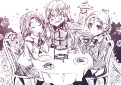 3girls black_neckerchief black_necktie black_pantyhose braid bush cake chair clenched_hand closed_eyes collared_shirt cup dessert flower food fork frown girls_und_panzer girls_und_panzer_little_army graphite_(medium) happy holding holding_cup holding_fork holding_plate holding_tray kuromorimine_school_uniform long_hair long_sleeves miniskirt monochrome multiple_girls neckerchief necktie on_chair ooarai_school_uniform orange_pekoe_(girls_und_panzer) pantyhose plate pleated_skirt rose round_table sawa_azusa school_uniform serafuku sheska_(girls_und_panzer) shirt short_hair sitting skirt smile st._gloriana&#039;s_school_uniform sweater table tablecloth tea tea_party teacup traditional_media tray utensil_in_mouth white_serafuku yuuki_eishi