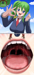 1boy 1girl absurdres blue_sky blush breasts cloud cloudy_sky dark-skinned_male dark_skin erika_(shukushou_gakuen) giant giantess green_hair helmet highres imminent_vore jenny_secret large_breasts mini_person miniboy necktie open_mouth picking_up red_necktie saliva school_uniform shukushou_gakuen side_ponytail size_difference sky teeth tongue vore