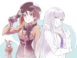 Rule 34 | 3girls, asymmetrical hair, beret, blue eyes, brown eyes, brown hair, coco adel, colored eyelashes, corset, fur trim, glasses, grin, hat, iesupa, itou shizuka, jormungand (manga), koko hekmatyar, long hair, long sleeves, multiple girls, name connection, pale skin, rabbit ears, rwby, scarf, short hair, smile, sunglasses, velvet scarlatina, voice actor connection, white eyelashes, white hair