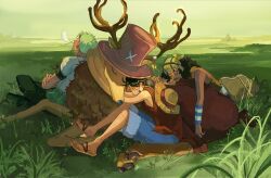 4boys :d afro antlers antlers_through_headwear avenoirn black_hair blue_nose closed_mouth earrings fur-trimmed_shorts fur_trim goggles goggles_on_headwear grass green_hair haramaki hat highres horns hug jewelry long_nose male_focus monkey_d._luffy multiple_boys nose_bubble on_grass one_piece open_mouth outdoors pink_hat red_shirt reindeer reindeer_antlers roronoa_zoro sandals shirt short_hair short_sleeves shorts sleeping sleeveless smile straw_hat tony_tony_chopper unworn_hat unworn_headwear usopp white_shirt