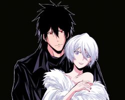 1boy 1girl black_background black_coat black_hair bleach coat fur_trim grey_eyes hair_between_eyes highres kuchiki_rukia kurosaki_ichigo red_eyes short_hair smile spiked_hair star_(sr67305775) upper_body white_hair