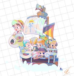 2girls 5boys black_hair blunt_bangs chibi closed_eyes commentary_request curly_eyebrows curly_hair flag going_merry green_hair hat jolly_roger korean_commentary long_nose mast monkey_d._luffy multiple_boys multiple_girls nami_(one_piece) nico_robin one_piece orange_hair pink_hat pirate_ship prow roronoa_zoro sanji_(one_piece) scar scar_on_face senzzang straw_hat straw_hats_jolly_roger tony_tony_chopper usopp veil
