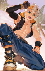 Rule 34 | 1boy, abs, armpits, bandana, bennett (adventures in blazing hue) (genshin impact), bennett (genshin impact), biceps, black vest, blue shirt, collarbone, commentary, genshin impact, grey hair, highres, hood, hood down, hooded vest, hoodie, looking at viewer, looking down, male focus, navel, nayoshi (r-744), nipples, on one knee, open mouth, orange bandana, shirt, smile, toned, toned male, vest