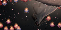 2boys black_boots black_hair black_hanfu blue_flower boots candle chinese_clothes falling_petals flower hanfu headband high_ponytail hug lan_wangji long_hair long_sleeves lotus male_focus modao_zushi multiple_boys night petals pink_flower pink_petals ponytail red_flower reflection reflective_water standing topknot water wei_wuxian white_hanfu white_headband wide_sleeves xianduguaitan yaoi