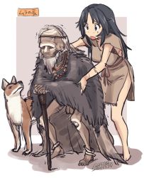 1boy 1girl animal anklet barefoot beard black_hair bodypaint cane dated dog facial_hair fanta_(the_banana_pistols) girls_und_panzer highres hunched_over jewelry long_hair necklace old old_man open_mouth shawl standing tribal yamagou_ayumi