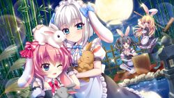 4girls :d alternate_costume animal animal_ears animal_on_head bamboo bamboo_fence bamboo_forest black_dress black_footwear black_hair black_thighhighs blonde_hair blue_bow blue_brooch blue_eyes bow breasts brown_rabbit bucket cleavage closed_mouth cloud detached_sleeves dress dutch_angle enmaided fake_animal_ears fence film_grain food forest full_moon game_cg green_bow green_footwear hair_bow hair_bun hasegawa_mii hiiragi_kae holding holding_animal holding_rabbit itsumura_yukari izumi_tsubasu kine lens_flare long_hair maid maid_headdress mallet medium_breasts medium_hair mochi mochitsuki moon mortar_(bowl) multiple_girls nature night night_sky nishidate_haku non-web_source official_art on_head on_one_knee one_eye_closed open_mouth outdoors petting pink_hair purple_eyes rabbit rabbit_ears rabbit_on_head re:stage! red_bow shoes short_hair sidelocks single_side_bun sky small_breasts smile socks sparkle sparkling_eyes standing standing_on_one_leg stone_lantern susuki_grass thighhighs twintails underbust water white_hair white_rabbit_(animal) white_socks wooden_bucket