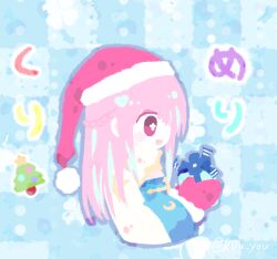 1girl arch_bishop_(ragnarok_online) blue_background blue_dress box checkered_background chibi chibi_only christmas christmas_tree cropped_torso cross dress fur-trimmed_headwear fur_trim gift gift_box hat k0u_you long_hair mittens open_mouth pink_eyes pink_hair pom_pom_(clothes) profile ragnarok_online red_hat red_mittens santa_hat smile solo two-tone_dress upper_body white_dress