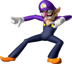 1boy 3d absurdres arms_up big_nose blue_eyes blue_overalls brown_hair buttons cabbie_hat clothes_writing facial_hair full_body gloves grin happy hat highres leaning_to_the_side long_sleeves looking_to_the_side male_focus mario_(series) mario_party mario_party_ds mustache nintendo official_art orange_shoes overalls pointing pointy_ears pointy_footwear purple_hat purple_shirt raised_eyebrow shirt shoes short_hair simple_background smile solo spread_legs standing teeth third-party_source transparent_background waluigi white_gloves