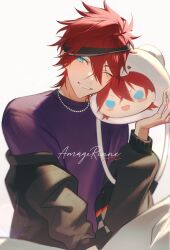 1boy aleo amagi_rinne black_headband black_jacket blue_eyes character_doll character_name doll ensemble_stars! grin hair_between_eyes headband highres holding holding_doll jacket jewelry long_sleeves looking_at_viewer male_focus necklace off_shoulder official_alternate_hairstyle one_eye_closed open_clothes open_jacket open_mouth pants purple_shirt red_hair shirt short_hair simple_background sitting smile solo teeth white_background white_pants