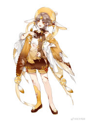 +_+ 1boy animal_ear_headwear animal_ears bare_shoulders beret brown_hair brown_shirt brown_shoes brown_shorts chinese_clothes chinese_commentary crescent cuts dongfang_mao_qiu fake_animal_ears flats floral_print flower_button forehead_jewel full_body gradient_clothes gradient_shirt hand_on_own_chest hand_on_own_hip hat hat_tassel highres hip_vent injury long_sleeves looking_at_viewer male_focus moon_cake_(the_tale_of_food) multicolored_shirt neck_tassel nervous official_art open_mouth orange_eyes parted_bangs puffy_shorts rabbit_ears shirt shoes short_eyebrows short_hair shorts simple_background single_sock socks solo sparkle sweatdrop the_tale_of_food torn_clothes watermark weibo_watermark white_background white_shirt white_sleeves wide_sleeves yellow_hat yellow_sleeves yellow_socks
