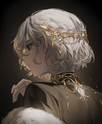 1boy bags_under_eyes black_eyes braid brown_background dungeon_meshi elf from_behind grey_hair hair_ornament half_up_braid highres jewelry lella_nyam looking_to_the_side male_focus mithrun necklace notched_ear parted_lips pointy_ears profile shirt short_hair solo upper_body wavy_hair