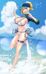 1girl ahoge artoria_pendragon_(fate) barefoot baseball_cap beach bikini blonde_hair blue_eyes blue_hat blue_shrug blue_sky blush breasts cleavage fate/grand_order fate_(series) full_body hat large_breasts long_hair long_sleeves looking_at_viewer mysterious_heroine_xx_(fate) navel open_mouth ponytail s4ika shore shrug_(clothing) sidelocks sky smile swimsuit white_bikini wristband