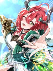 1girl absurdres black_collar blue_sky breasts bunchosan_dayo ciaccona_(wuthering_waves) collar commentary_request day dress fingernails grass green_eyes green_jacket highres holding holding_microphone_stand jacket large_breasts looking_at_viewer medium_hair microphone_stand one_eye_closed open_mouth outdoors red_hair sky smile solo tree_horns white_dress wuthering_waves yellow_pupils