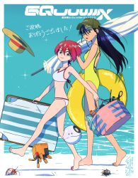 2girls amate_yuzuriha bag beach_chair beach_umbrella bikini chair conch_(gundam) full_body gundam gundam_gquuuuuux half_updo haro hat hermit_crab highres holding holding_bag holding_chair holding_swim_ring holding_umbrella innertube long_hair looking_at_viewer multiple_girls nail_polish nakamura_mayumi non-humanoid_robot nyaan_(gundam_gquuuuuux) one-piece_swimsuit open_mouth purple_hair red_hair robot short_hair smile straw_hat swim_ring swimsuit umbrella walking water yatabe_touko yellow_eyes