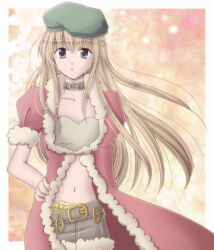 Rule 34 | 1girl, bandeau, beret, blonde hair, braid, closed mouth, coat, commentary request, cowboy shot, dated commentary, expressionless, fur-trimmed coat, fur-trimmed shorts, fur-trimmed sleeves, fur trim, green bandeau, green hat, grey shorts, half up braid, hand on own hip, hat, long hair, looking at viewer, midriff, navel, open clothes, open coat, orange background, purple eyes, ragnarok online, red coat, rogue (ragnarok online), sharari, short shorts, short sleeves, shorts, solo