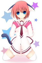 1girl animal_ears artist_request azel bad_id bad_pixiv_id blue_eyes blush cat_ears cat_tail female_focus highres kemonomimi_mode kneeling red_hair school_uniform short_hair solo star_(symbol) tail thighhighs twinkle_crusaders
