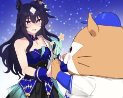 1girl absurdres animal_ears bare_shoulders blue_hair breasts corset db._starman detached_collar ear_covers hair_between_eyes highres horse_ears horse_girl long_hair looking_at_another mascot medium_breasts mole mole_under_eye motsunabe_(mo2nap3) multicolored_hair nippon_professional_baseball purple_eyes single_ear_cover streaked_hair umamusume verxina_(umamusume) white_hair wrist_cuffs yokohama_dena_baystars