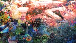 1girl abstract abstract_background absurdres bare_legs barefoot black_dress bloom breasts bubble closed_eyes closed_mouth colorful dress floating_hair flower from_side full_body gerbera highres leia_(vocaloid) long_hair long_sidelocks lying medium_breasts megurine_luka on_back own_hands_clasped own_hands_together pink_hair profile rose sidelocks sleeveless sleeveless_dress smile solo song_name unf_(unotfound_404) vocaloid