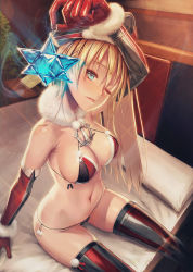 10s 1girl arm_support arm_up bikini bismarck_(kancolle) blonde_hair blue_eyes blush breasts brown_gloves cameltoe christmas cleavage elbow_gloves female_focus gloves hat hexagram highres kantai_collection large_breasts long_hair mana_(remana) micro_bikini navel one_eye_closed ornament parted_lips peaked_cap santa_bikini santa_costume side-tie_bikini_bottom sitting skindentation smile solo star_of_david swimsuit thighhighs