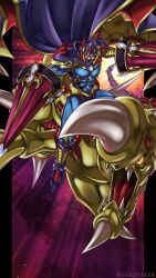 1boy absurdres armor black_cape blue_armor cape curse_of_dragon dragon dual_wielding duel_monster fangs gaia_the_dragon_champion glowing glowing_eyes highres holding holding_polearm holding_weapon lance open_mouth polearm red_eyes riding weapon zealmaker