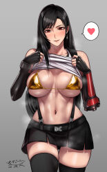 1girl bikini black_gloves black_hair black_thighhighs breasts clothes_lift elbow_gloves final_fantasy final_fantasy_vii final_fantasy_vii_remake gloves gold_bikini heart highres large_breasts navel red_eyes sgk shirt_lift solo spoken_heart stomach swimsuit thighhighs tifa_lockhart zettai_ryouiki