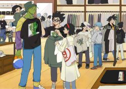 5girls 6+boys :d android_18 antennae bag baseball_cap black-framed_eyewear black_footwear black_hair black_shirt blonde_hair blue_hair blue_pants blunt_bangs bucket_hat bulma character_print chi-chi_(dragon_ball) child clothes_hanger clothes_shop coat colored_skin commentary_request crossed_arms denim dragon_ball dragon_ball_super dragon_ball_super_super_hero drawstring eyelashes glasses green_headwear green_hoodie green_skin grey_footwear grey_pants grey_sweater hair_bun hairband hat highres holding holding_unworn_clothes holding_unworn_hat hood hoodie husband_and_wife indoors j_ooey jeans karin_(dragon_ball) kuririn long_sleeves looking_at_another lunch_(bad)_(dragon_ball) lunch_(dragon_ball) medium_hair mirror multiple_boys multiple_girls namekian no_eyebrows open_mouth pan_(dragon_ball) pants parted_bangs piccolo piccolo_daimaou purple_shirt rectangular_eyewear red_hairband reflection shenron_(dragon_ball) shirt shoelaces shoes shopping shopping_bag short_hair single_hair_bun smile sneakers son_gohan son_goku son_goten spiked_hair sweater t-shirt trunks_(dragon_ball) unworn_hat unworn_headwear unworn_hoodie unworn_shirt v-shaped_eyebrows vegeta videl white_bag white_coat white_footwear white_headwear white_shirt wooden_floor yellow_shirt
