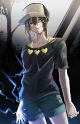 1girl baseball_cap black_shirt bra_strap brown_eyes brown_hair commentary electricity electrokinesis hair_between_eyes hat heart heart_print highres looking_at_viewer misaka_mikoto nshi_5477 outdoors rain shirt short_hair short_shorts shorts solo toaru_kagaku_no_railgun toaru_majutsu_no_index tree
