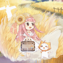 &gt;_&lt; 1girl ahoge animal ankle_bow ankle_ribbon artist_request bare_arms blunt_bangs bow bowtie brown_eyes brown_hat cat chibi chinese_commentary choker cloak clothed_animal commentary_request day double-parted_bangs dress ear_covers fence flower frilled_choker frills hat hat_flower holding_suit hood hood_up hooded_cloak light_blush long_dress long_hair looking_to_the_side miracle_nikki momo_(nikki) nikki_(nikki) nikki_(series) off-shoulder_dress off_shoulder official_art open_mouth orange_bow orange_bowtie outdoors path pink_hair pleated_dress pleated_sleeves ribbon road second-party_source shadow shoes short_sleeves smile straw_hat sun_hat sunflower tareme town traditional_bowtie very_long_hair walking wheat_field whiskers white_bow white_cat white_dress white_shoes windmill yellow_bow yellow_bowtie yellow_choker yellow_cloak yellow_flower