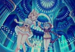 10s 2girls :d :o animal_ears arch architecture bad_id bad_twitter_id bare_legs blonde_hair blue_hair blue_theme blush bow bowtie cat_ears cat_tail column commentary_request dome elbow_gloves feet_out_of_frame frilled_skirt frills from_below gloves gradient_ribbon highres holding_hands hood hoodie kemono_friends long_sleeves looking_at_another multicolored_hair multiple_girls neck_ribbon no_pants noah_(noxxxmo) nose_blush open_mouth pillar ribbon sand_cat_(kemono_friends) scenery short_hair skirt sleeveless smile snake_tail striped tail tsuchinoko_(kemono_friends) turkey_(bird)