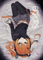 1girl a.i._voice adachi_rei android arm_up belt black_pantyhose black_shirt blanket charan_(4963_nkym) flat_chest gloves grey_shorts hair_between_eyes hair_ribbon headlamp highres jacket jacket_partially_removed long_sleeves looking_at_viewer lying midriff_peek no_shoes on_back on_bed open_clothes open_jacket orange_belt orange_eyes orange_hair pantyhose radio_antenna recording ribbon shirt shorts side_ponytail smile solo twitter_username upside-down utau white_gloves white_jacket white_ribbon