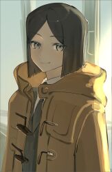 1boy arms_at_sides black_hair black_necktie brown_coat closed_mouth coat collared_shirt fate/zero fate_(series) grey_eyes grey_sweater highres looking_at_viewer male_focus necktie shirt short_hair solo sweater tokoni_fusu upper_body waver_velvet white_shirt